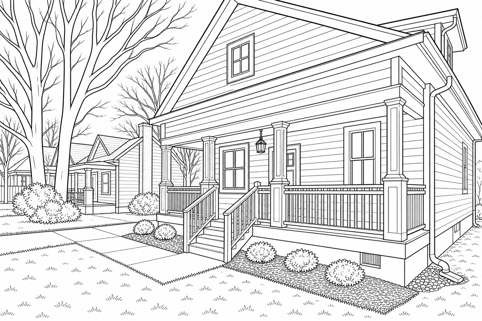Printable coloring page line drawing of a two-story home with a front porch, steps, sidewalk, lawn, tree, and neighboring house.