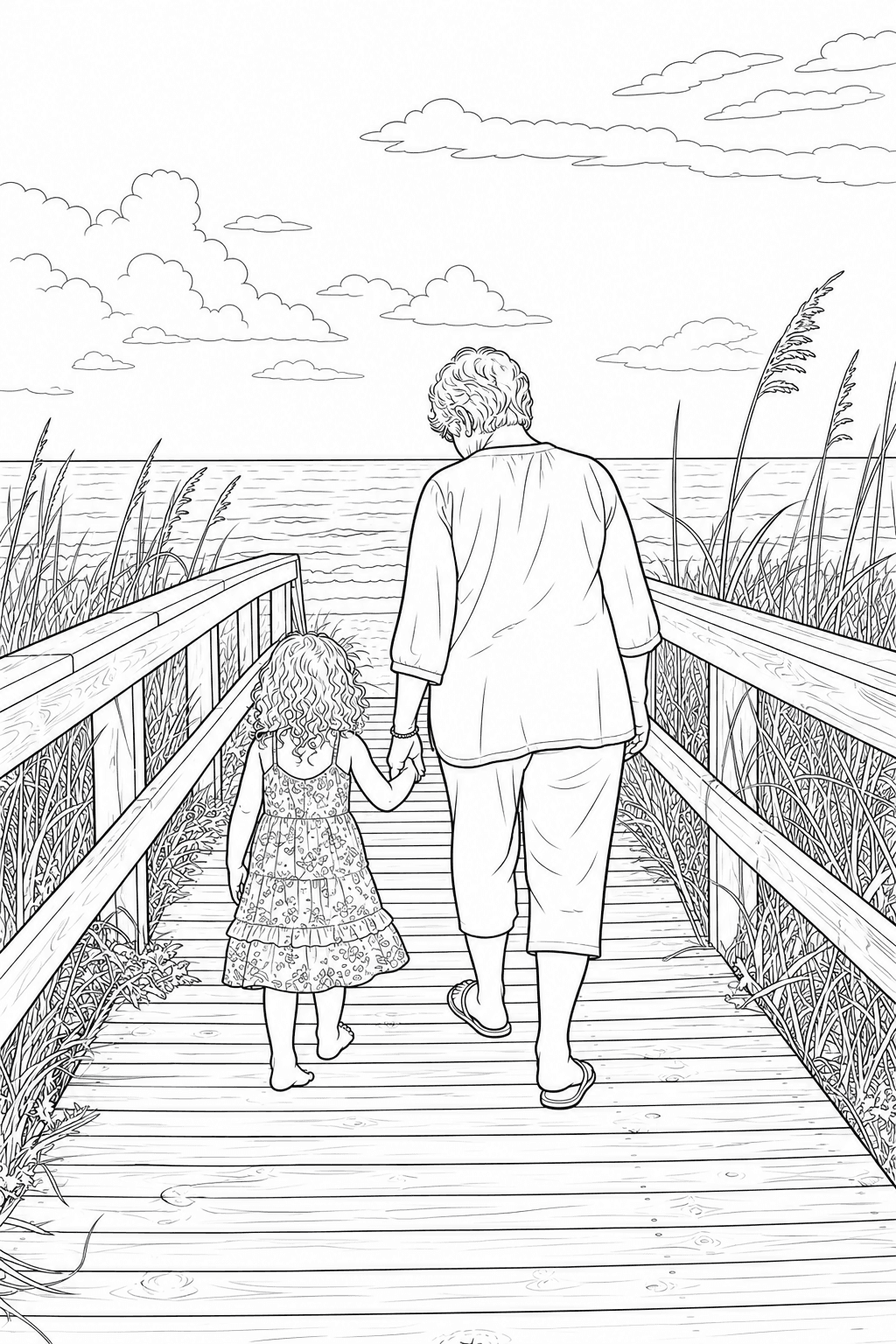 Coloring page line drawing of a child and grandparent walking on a beach boardwalk.