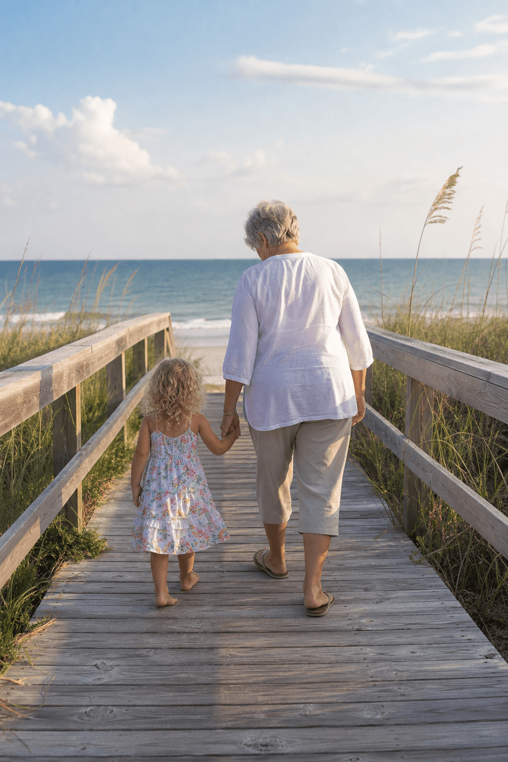 Photo of a child and grandparent walking hand in hand on a beach boardwalk.