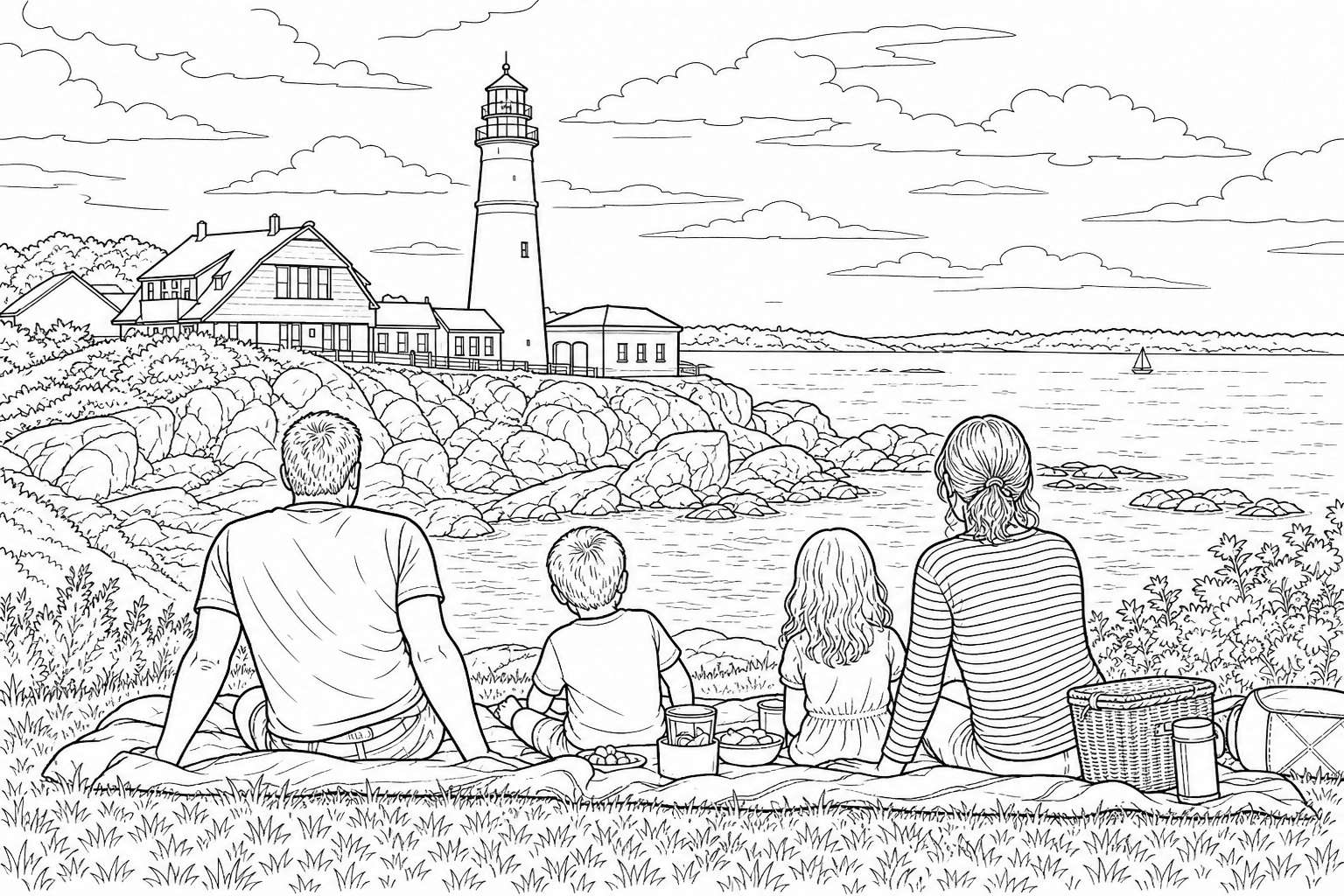 Coloring page line drawing of a family picnic overlooking a lighthouse and rocky coast.